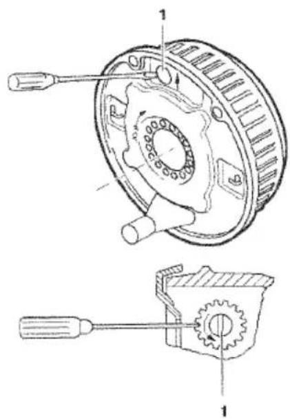 Technical diagram of a mechanical assembly with labeled parts and directional arrows indicating motion or movement.