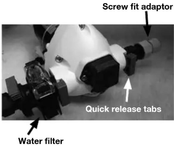 Screw fit adaptor Quick release tabs Water filter