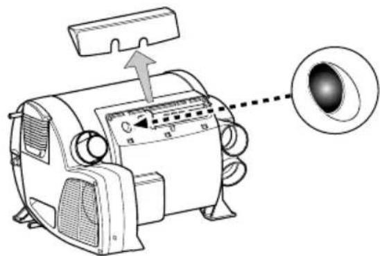 Diagram of an electric motor with labeled components and a magnified inset showing the lens component.