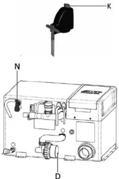 Technical diagram of a device with labeled parts K, N, and D, showing internal components and connections.