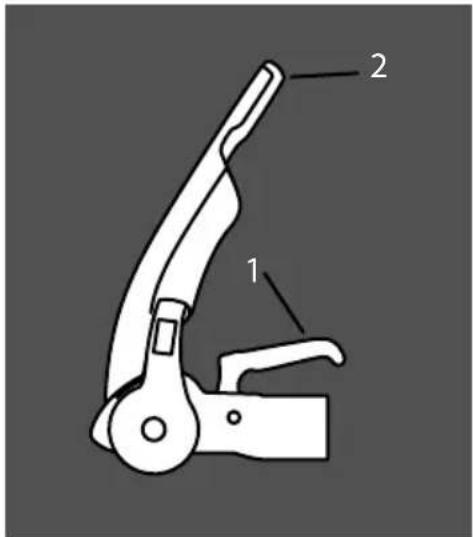 Technical diagram of a mechanical clamp or lever mechanism with labeled parts 1 and 2
