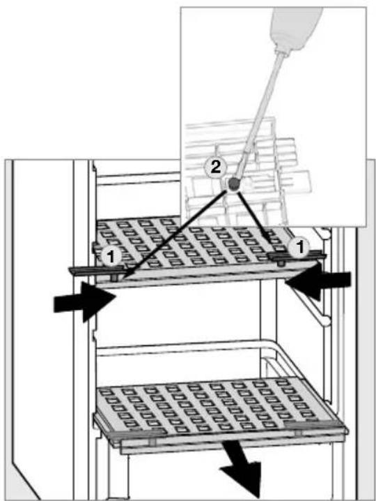 Diagram showing a mechanical assembly with labeled components and directional arrows indicating movement or force.