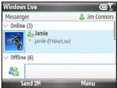 Windows Live Messenger Jim Connors ✓ Online (1) Jamie jamie@hinet.net ✓ Offline (6) Send IM Menu