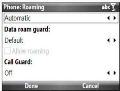 Phone: Roaming Automatic Data roam guard: Default Allow roaming Call Guard: Off Done Cancel