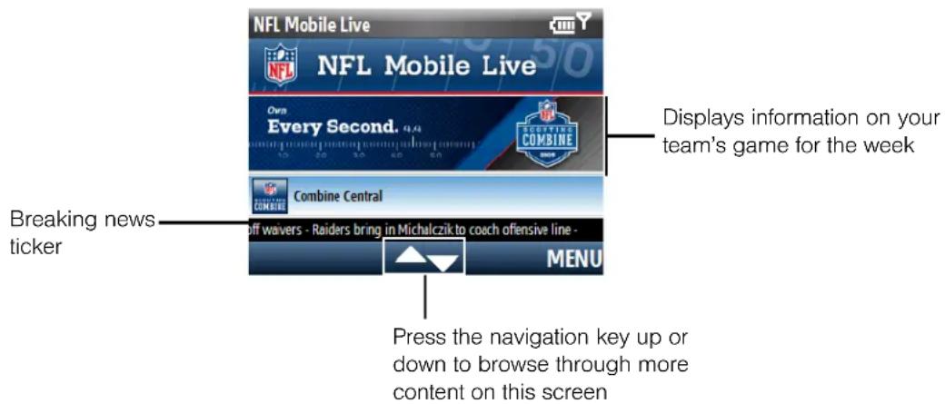 NFL Mobile Live NFL Mobile Live Own Every Second. 45% Combine Central COMBINE Displays information on your team's game for the week Breaking news ticker Off waivers · Raiders bring in Michalczik to coach offensive line - MENU Press the navigation key up or down to browse through more content on this screen