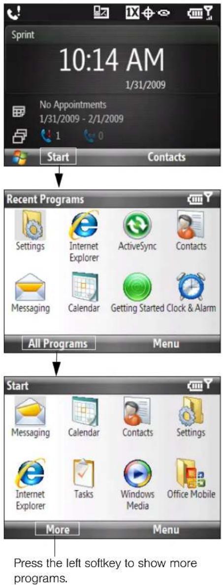 Sprint 10:14 AM 1/31/2009 No Appointments 1/31/2009 - 2/1/2009 1 Start Contacts Recent Programs Settings Internet Explorer ActiveSync Contacts Messaging Calendar Getting Started Clock & Alarm All Programs Menu Start Messaging Calendar Contacts Settings Internet Explorer Tasks Windows Media Office Mobile More Menu Press the left softkey to show more programs.