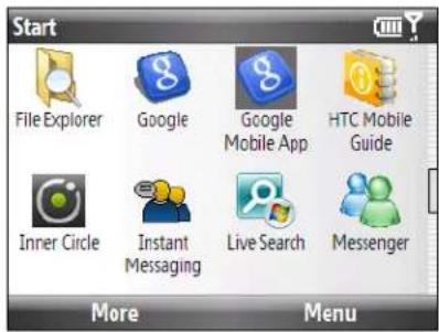 Start File Explorer Google Google Mobile App HTC Mobile Guide Inner Circle Instant Messaging Live Search Messenger More Menu