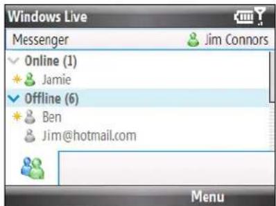 Windows Live Messenger Jim Connors ✓ Online (1) ★ Jamie ✓ Offline (6) ★ Ben Jim@hotmail.com Menu