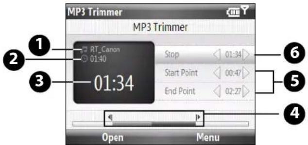MP3 Trimmer MP3 Trimmer 1 2 RT_Canon 01:40 3 01:34 Stop Start Point End Point 6 5 4 Open Menu