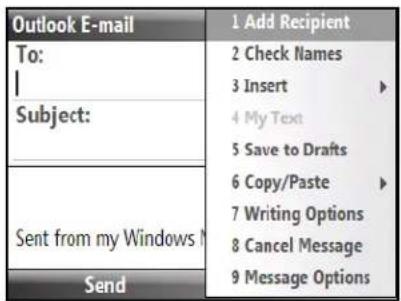 Outlook E-mail To: 1 Subject: 2 Check Names 3 Insert 4 My Text 5 Save to Drafts 6 Copy/Paste 7 Writing Options 8 Cancel Message 9 Message Options Sent from my Windows Send