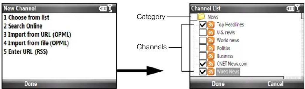 New Channel 1 Choose from list 2 Search Online 3 Import from URL (OPML) 4 Import from file (OPML) 5 Enter URL (RSS) Done Category Channels Channel List News Top Headlines U.S. news World news Politics Business CNET News.com Wired News Done Cancel
