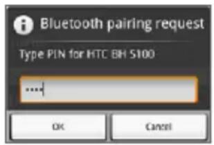 Bluetooth pairing request Type PIN for HTC BH S100 ..... OK Cancel