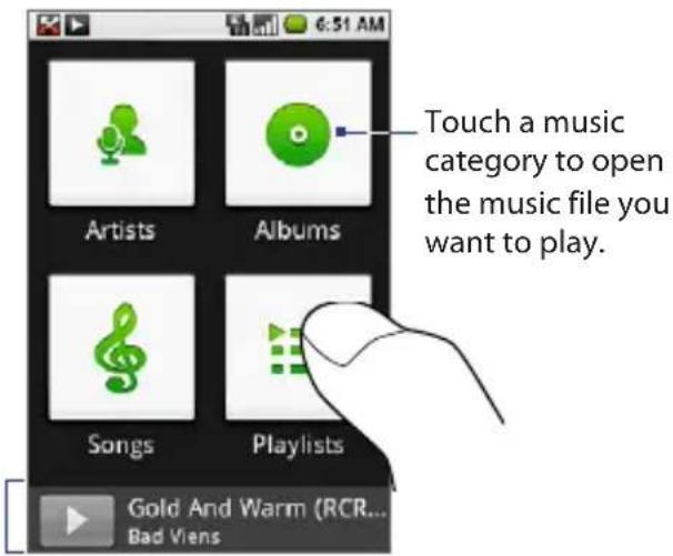 6:51 AM Touch a music category to open the music file you want to play. Artists Albums Songs Playlists Gold And Warm (RCR... Bad Viens