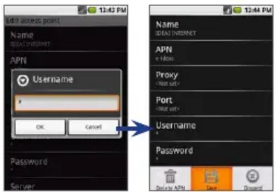 Edit access point Name IDEAD INTERNET APNI Username OK Cancel Password Server 13:43 PM 13:44 PM Name IDEAD INTERNET APNI e Videos Proxy (Wall set) Port (Wall set) Username Password Delete APNI Save Discount