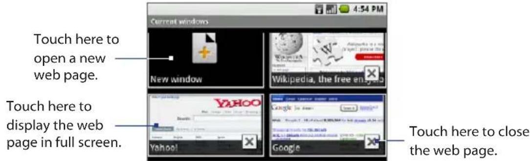 Touch here to open a new web page. Touch here to display the web page in full screen. Touch here to close the web page.