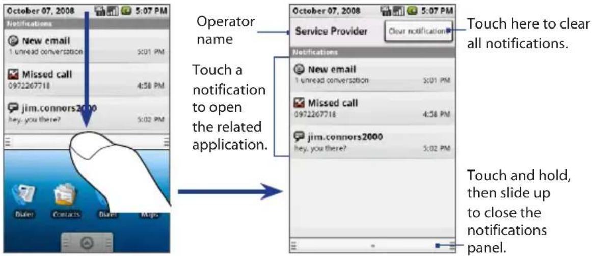 October 07, 2008 5:07 PM Notifications New email 1 unread conversation 5:01 PM Missed call 0972267718 4:58 PM jim.connors2000 hey, you there? 5:02 PM Operator name Touch a notification to open the related application. October 07, 2008 5:07 PM Service Provider Clear notification Touch here to clear all notifications. Notifications New email 1 unread conversation 5:01 PM Missed call 0972267718 4:58 PM jim.connors2000 hey, you there? 5:02 PM Touch and hold, then slide up to close the notifications panel. Duler Contacts Duler Helps