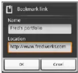 Bookmark link Name Fred's portfolio Location http://www.fredworks.com OK Cancel