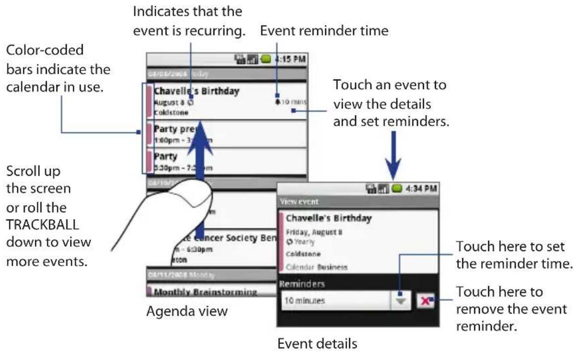 Color-coded bars indicate the calendar in use. Scroll up the screen or roll the TRACKBALL down to view more events. Agenda view Indicates that the event is recurring. Event reminder time Chavelle's Birthday August 8 - 0 Coldstone Party pre 1:30pm - 3:30pm Party 5:30pm - 7:30pm Touch an event to view the details and set reminders. View event Chavelle's Birthday Friday, August 8 Yearly Coldstone Calendar Business Reminders 10 minutes Touch here to set the reminder time. Touch here to remove the event reminder. Event details