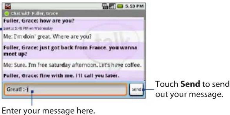 Chat with Fuller, Grace Fuller, Grace: how are you? Sant at 5:48 PM on Wednesday Me: I'm doin' great. Where are you? Fuller, Grace: just got back from France. you wanna meet up? Me: Sure. I'm free saturday afternoon. Let's have coffee. Fuller, Grace: fine with me. I'll call you later. Great! :-] Send Touch Send to send out your message. Enter your message here.