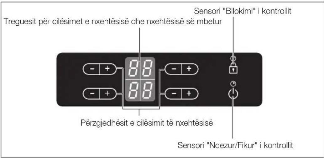 Treguesit për cilësimet e nxehtësisë dhe nxehtësisë së mbetur Sensori "Bilokimi" i kontrollit Përzgjedhësit e cilësimit të nxehtësisë Sensori "Ndezur/Fikur" i kontrollit