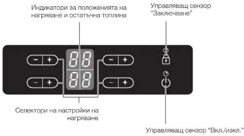 Индикатори за положенията на нагряване и остатъчна топлина Управляvaщ сензор "Заключване" Селектори на настройки на нагряване Управляващ сензор "Вкл./изкл."