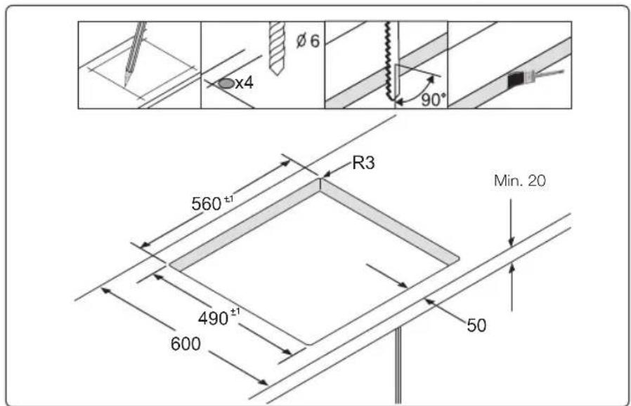 Ø 6 x4 90° R3 560±1 490±1 600 Min. 20 50