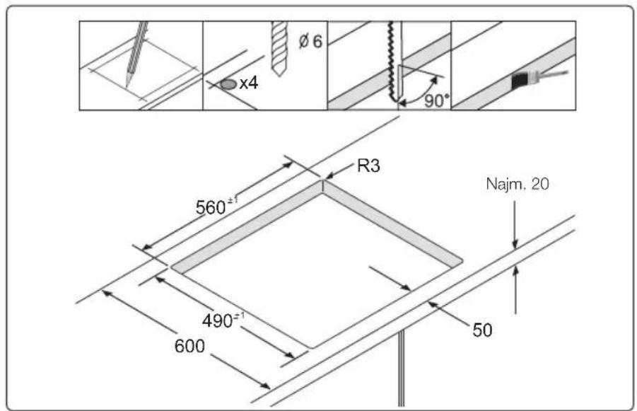 Ø 6 x4 90° R3 560±1 490±1 600 50 Najm. 20