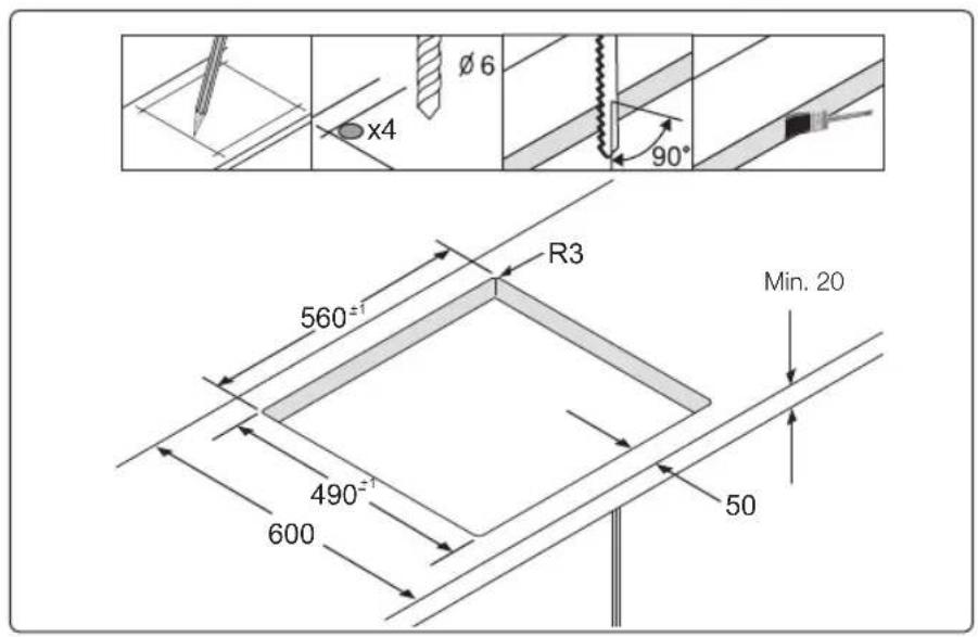 Ø 6 x4 90° R3 560±1 490±1 600 Min. 20 50
