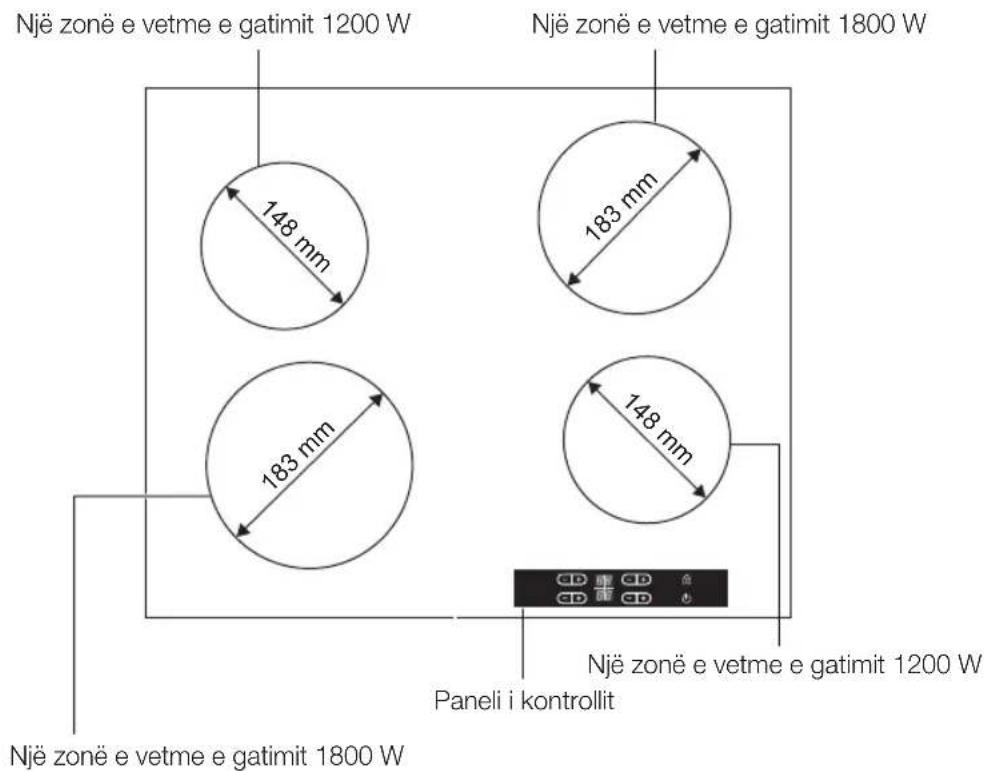 Një zonë e vetme e gatimit 1200 W Një zonë e vetme e gatimit 1800 W 148 mm 183 mm 183 mm 148 mm Një zonë e vetme e gatimit 1200 W Paneli i kontrollit Një zonë e vetme e gatimit 1800 W