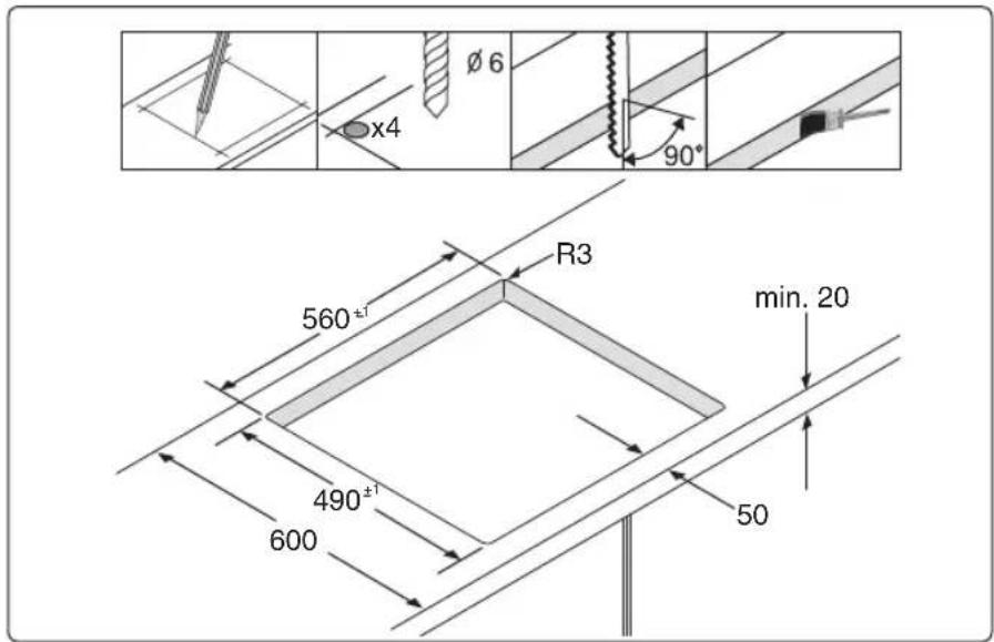 Ø6 x4 90° R3 560±1 min. 20 490±1 600 50
