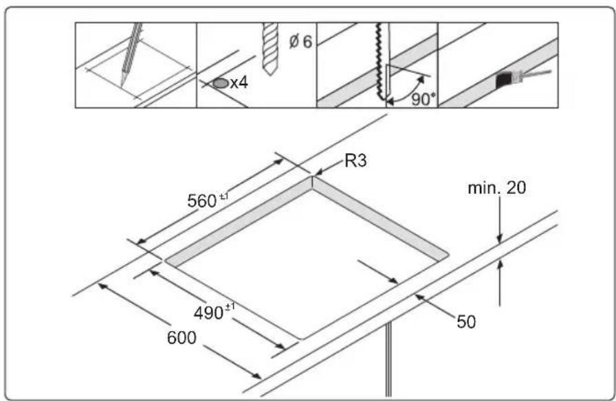 Ø6 x4 90° 560±1 R3 min. 20 490±1 600 50