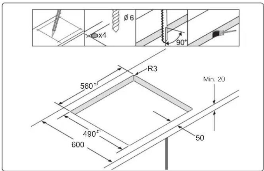 Ø6 x4 90° R3 560±1 490±1 600 Min. 20 50