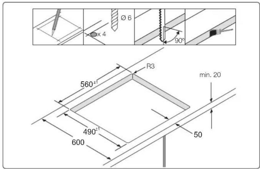 Ø 6 x 4 90° 560±1 R3 min. 20 490±1 600 50
