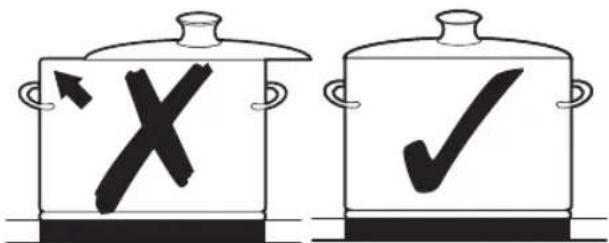 Illustration showing two cooking pots with X and ✓ symbols, indicating correct and incorrect cooking methods.
