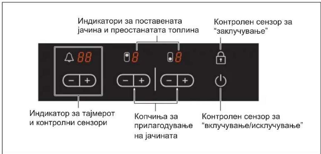 Индикатори за поставената јачина и преостанатата топлина Контролен сензор за "заклучување" Индикатор за тајмерот и контролни сензори Копчиња за прилагодување на јачината Контролен сензор за "вклучување/исклучување"