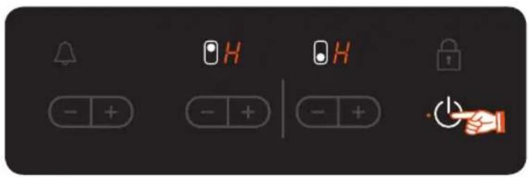 Control panel interface with battery, indicator lights, and hand cursor icon for battery operation