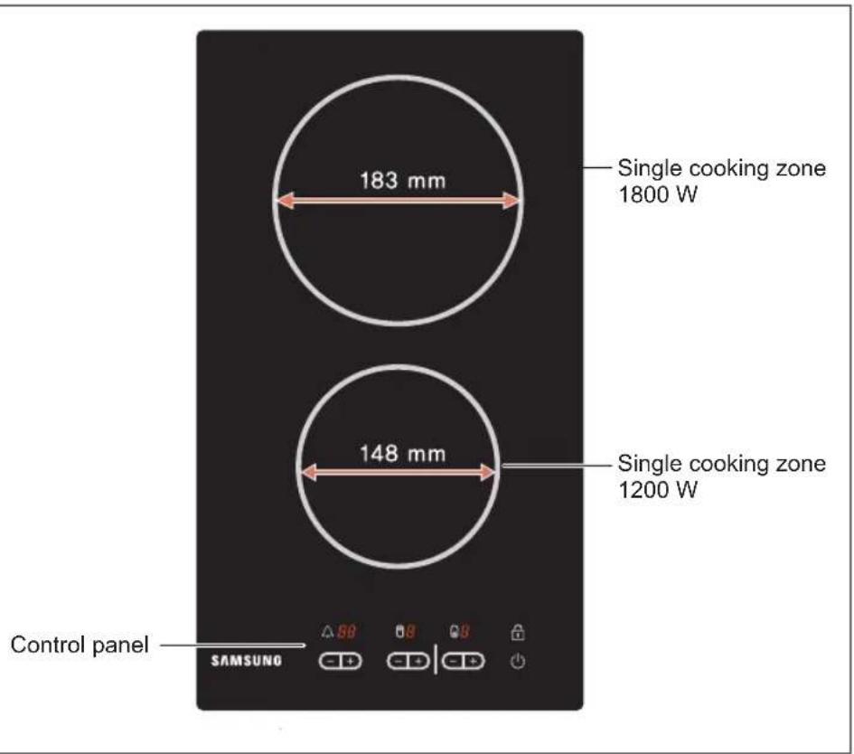 183 mm Single cooking zone 1800 W 148 mm Single cooking zone 1200 W Control panel SAMSUNG