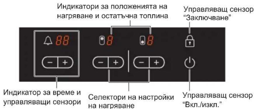 Индикатори за положенията на нагряване и остатъчна топлина Управляvaщ сензор "Заключване" Индикатор за време и управляващи сензори Селектори на настройки на нагряване Управляващ сензор "Вкл./изкл."