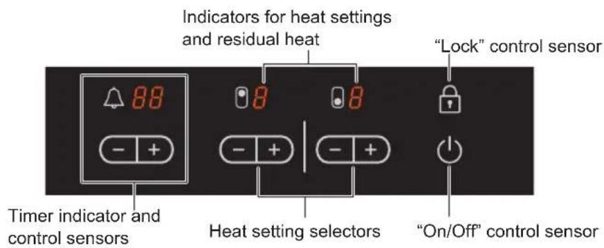 Indicators for heat settings and residual heat "Lock" control sensor Timer indicator and control sensors Heat setting selectors "On/Off" control sensor