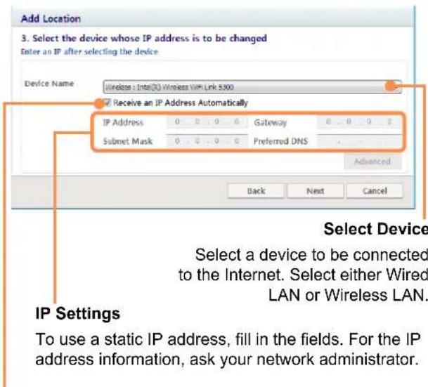 SAMSUNG NP-X460 - Select the LAN device, setup the IP address and click the Next button. - 1