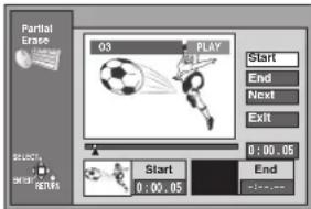 Partial Erase 03 PLAY Start End Next Exit 0:00.05 Start 0:00.05 END ... SELECT... START RETAIN