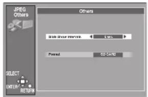 JPEG Others Select ENTER RETURN Others Audio format options: 1.05 Format: 50 CARD