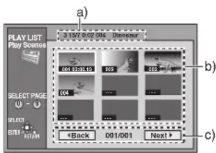 PLAY LIST Play Scenes 3 157 0:02 004 Dinosaur Select PAGE U - U SELECT BITE FET/W a) b) c) < Back 001/001 Next >