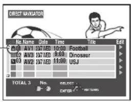 DIRECT NAVICATOR No.Name Date Time Title Edit 01 AV1 337 MED 10:00 Football 02 AV3 337 MED 9:00 Dinosaur 03 AV2 337 MED 11:00 USJ TOTAL 3 No. SELECT - ENTER - NEW YEAR