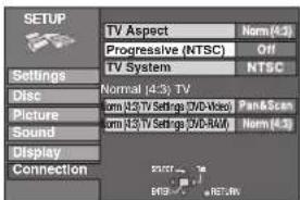 SETUP TV Aspect Norm (4:3) Progressive (NTSC) Off TV System NTSC Settings Disc Picture Sound Display Connection Normal (4:3) TV om A3 TV Settings (DVD-Video) PanScan om A3 TV Settings (DVD-RAM) Norm (4:3)
