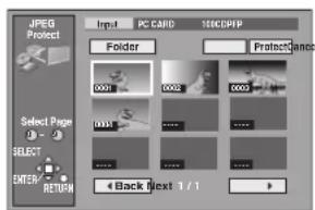 JPEG Protect Input PC CAND 100%HP Folder Protect Select Page SELECT ENTER RETURN Back Next 1 / 1
