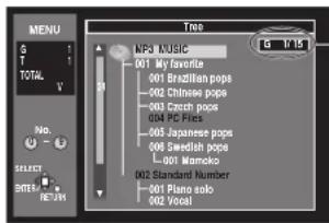MENU T G 1 TOTAL V NO. SELECT SITES RETURN Tree NP3 Music 001 My favorite 001 Brazilian pops 002 Chinese pops 003 Czech pops 004 PC Files 005 Japanese pops 006 Swedish pops 007 Mammals 002 Standard Number 001 Piano solo 002 Vocal