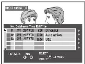 DIRECT NAVIGATOR No. DateName Time Edit/Title 01 AV1 237 WED 9:00 Dinosaur 02 AV3 237 WED 10:00 Auto action 03 AV2 237 WED 11:00 USJ TOTAL 3 No. SELECT - 0 - 1 ENTER RETURN