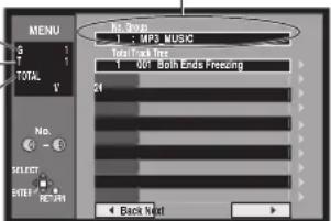 MENU G 1 TOTAL V No. 3 1 : MP3 MUSKS Top Track Test 1:00 Both Ends Freezing 24 No. SELECT ENTER RE-PR Back Next
