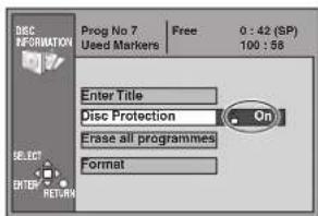 Proc No 7 Used Markers Free 0 : 42 (SP) 100 : 58 Enter Title Disc Protection On Erase all programmes Format